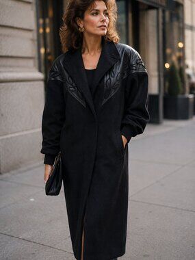 Vintage Billi by Billy Black Wool Long Coat Faux Leather Trim Statement Outerwea